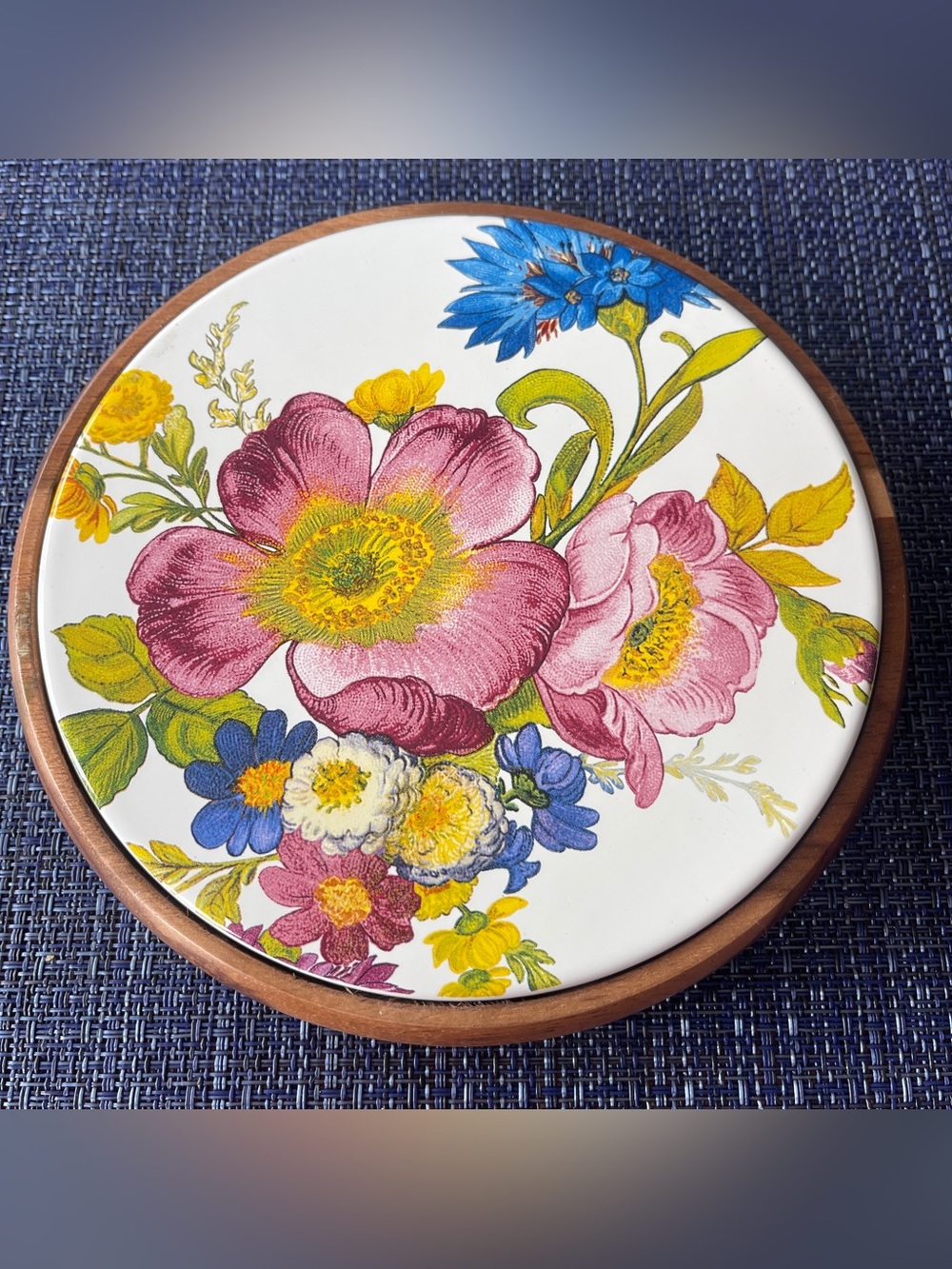 Mackenzie-Childs Flower Market Ceramic Wood Trivet Hot Plate 8” Floral Round